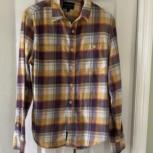 Lucky Brand Saturday Stretch Men's yellow plaid flannel button down shirt Size S